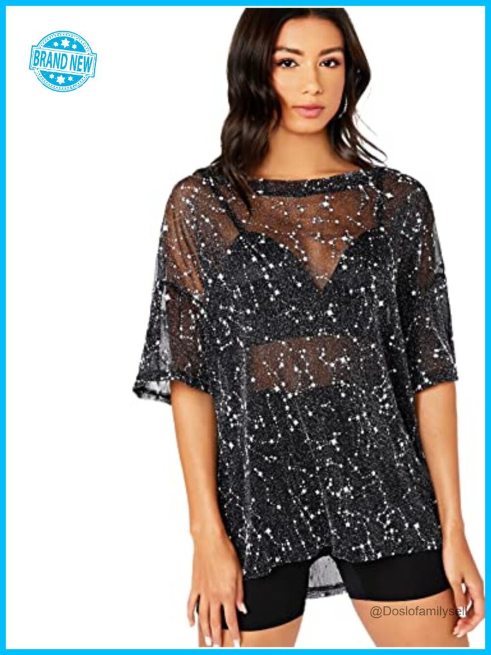 Women's Sheer Mesh Short Sleeve Tee Blouse Glitter Party Top